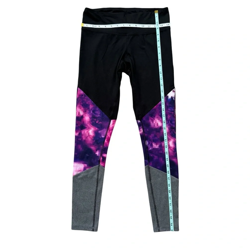 Champion Women’s Black Leggings with Purple-Pink Pattern and Gray Panels - Picture 3 of 4